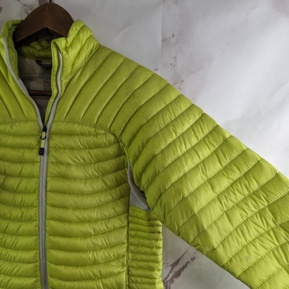 Eddie Bauer Down Puffer Jacket Womens XS Yellow Gray Neon Coat Hood 800 FP - Picture 12 of 13